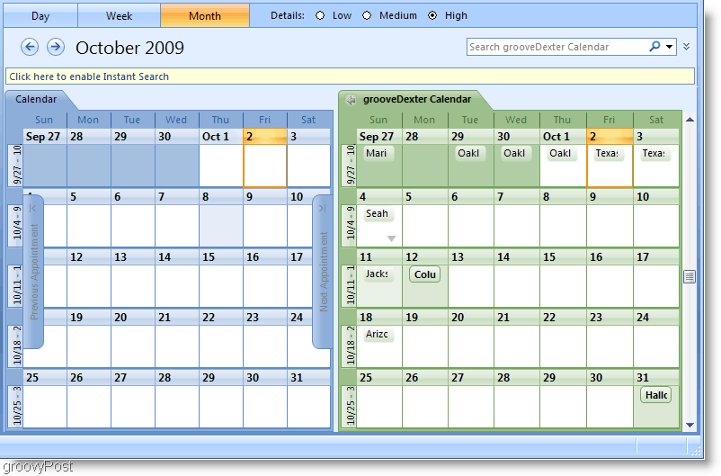 Outlook 2007 תמונת מסך לוח השנה זה לצד זה