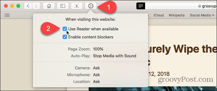 השתמש בלחצן העדפות אתר בספארי עבור Mac