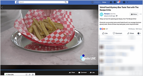 זהו צילום מסך של סרטון בשידור חי בשם Weird Food Mystery Box Taste test עם מבקר המתכונים. סרטון זה הופיע בתכנית לצפייה בפייסבוק מתכונים. בסרטון עדיין מופיעים צ