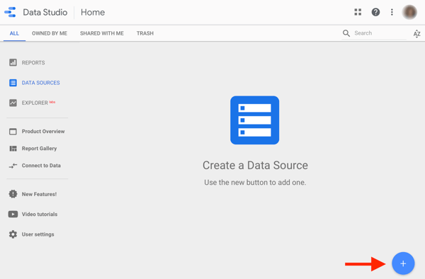 השתמש ב- Google Data Studio כדי לנתח את מודעות הפייסבוק שלך, שלב 1, אפשרות ליצור מקור נתונים ב- Google Data Studio