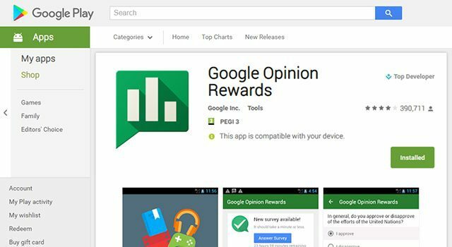 הרוויח אשראי חינם ב- Google Play באמצעות תגמולים של גוגל דעה