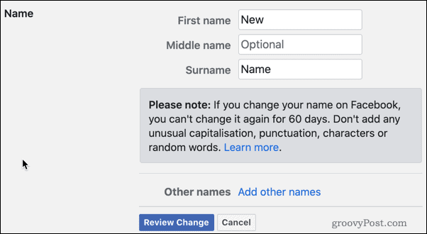 סקור את שינויי השם בפייסבוק