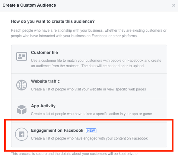 בחר Engagement בפייסבוק כסוג הקהל המותאם אישית שברצונך ליצור.