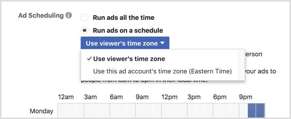 בחר באפשרות השתמש באזור הזמן של הצופה עבור מסע הפרסום שלך בפייסבוק.
