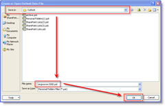 תן שם לקובץ ה- PST שלך, בחר נתיב ולחץ על OK:: groovyPost.com