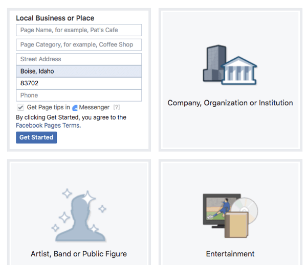 שקול את התכונות שכל סוג וקטגוריה מציע לדף הפייסבוק שלך.