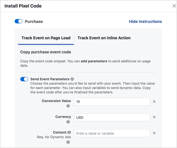 הגדר פרמטרים ליצירת קוד האירוע של פייסבוק שאתה זקוק לו.