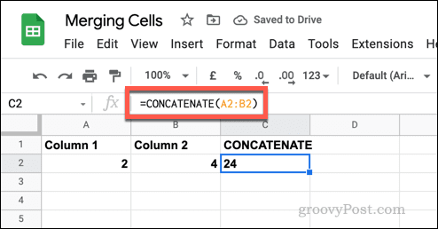 דוגמה לנוסחת CONCATENATE פשוטה ב-Google Sheets
