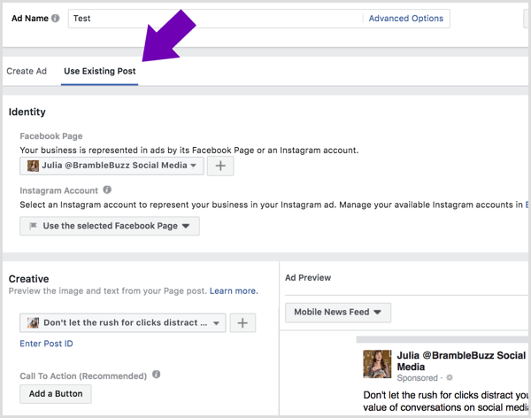 לחץ על הכרטיסייה השתמש בפוסט קיים ובחר את העמוד והפוסט שברצונך להציג כמודעת פייסבוק.