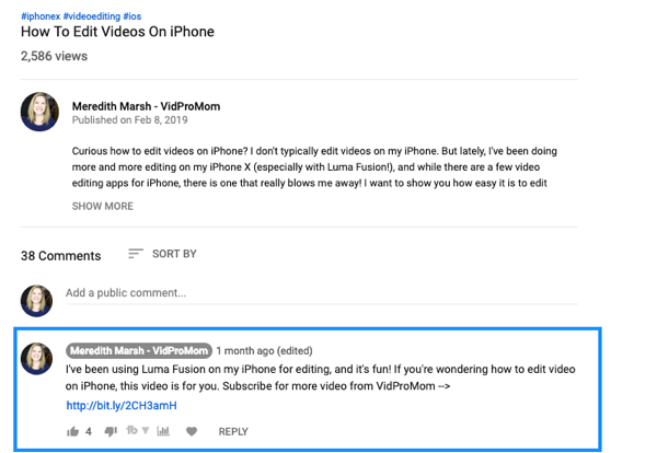 כיצד להשתמש בסדרת וידאו כדי להרחיב את ערוץ היוטיוב שלך, דוגמה לתגובת סרטון יוטיוב מוצמדת עם קישור מאת מרדית מארש.
