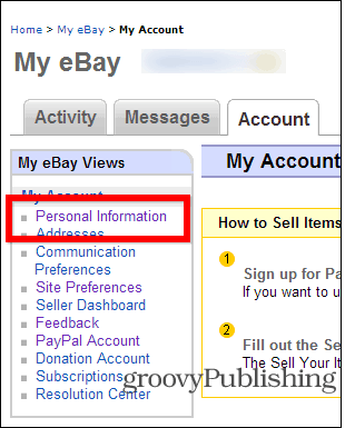 eBay משנה הגדרות חשבון סיסמא מידע אישי