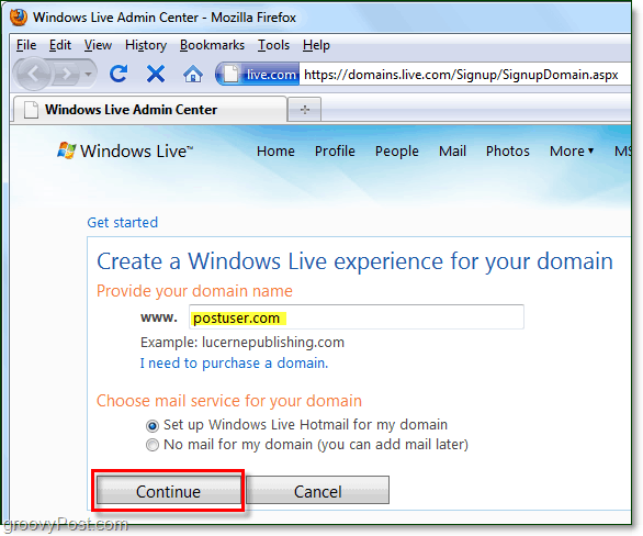 ספק את שם הדומיין שלך ל- Windows Live