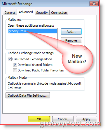 תמונת מסך של Outlook 2010 להוסיף כרטיסייה מתקדמת לתיבות דואר