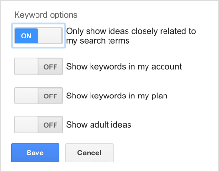 אפשרויות AdWords של מתכנן מילות המפתח של גוגל אדוורדס