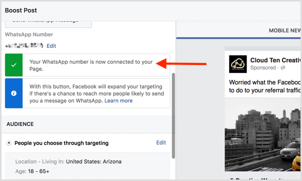 פייסבוק מאשרת שחיברת את דף הפייסבוק שלך ל- WhatsApp.