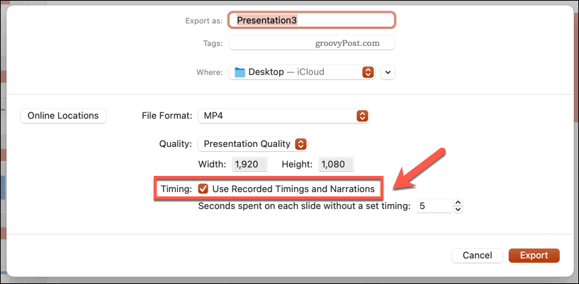 שימוש בתזמונים מוקלטים לסרטון מיוצא ב- PowerPoint ב- Mac
