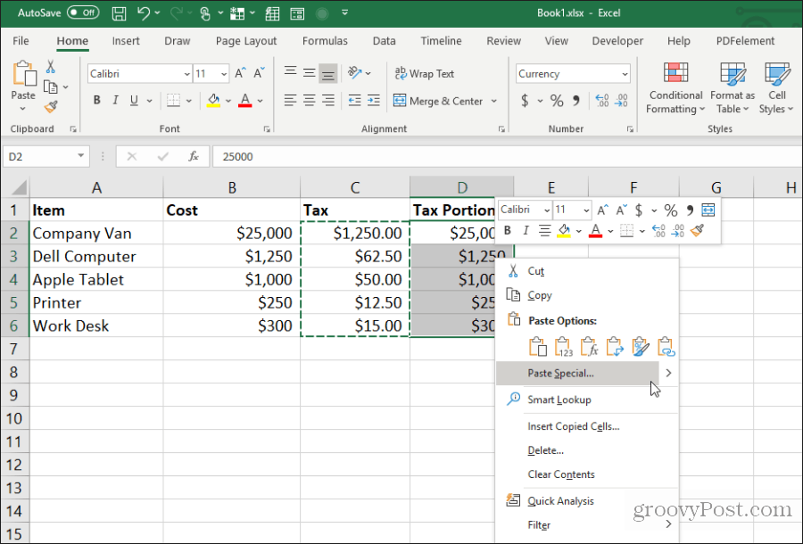 הדבק מיוחד ב- Excel