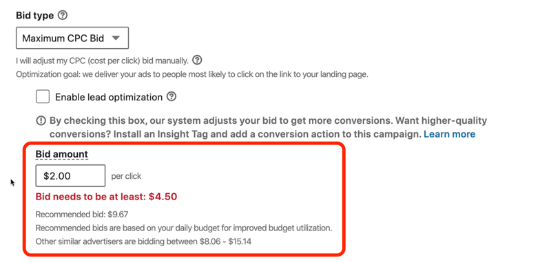 צילום מסך של ההודעה באדום האומר 'הצעת מחיר ל- LinkedIn צריכה להיות לפחות 4.50 $'