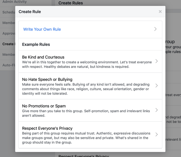 כיצד לשפר את קהילת קבוצות הפייסבוק שלך, דוגמה לכללים שנכתבו מראש בקבוצת פייסבוק