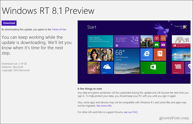 תצוגה מקדימה של Windows RT 8.1