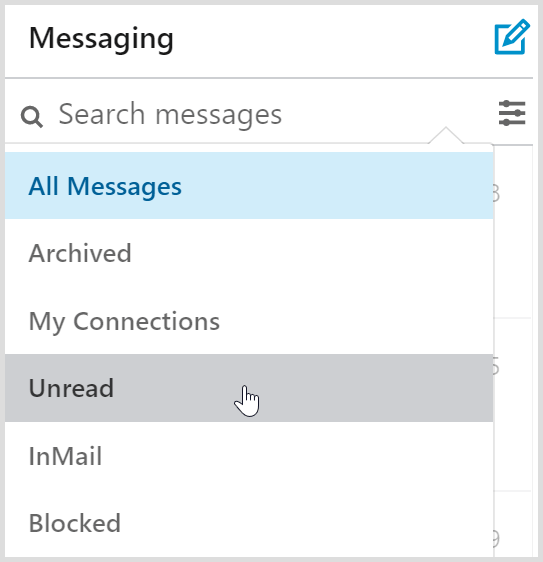 מסנני תיבת הדואר הנכנס להודעות של LinkedIn כוללים מסנן הודעות שלא נקרא.