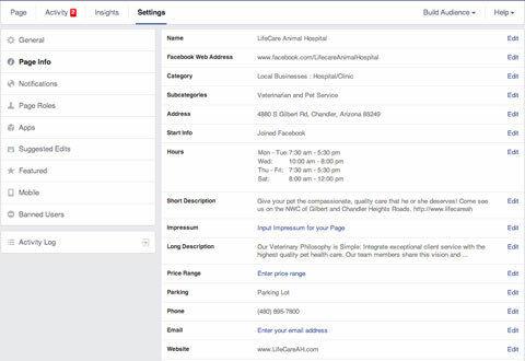 הגדרות מידע על דף פייסבוק