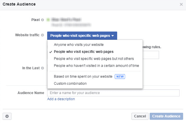 מתפריט תעבורת אתרים בחר את מי שברצונך לכלול בקהל המותאם אישית שלך בפייסבוק.