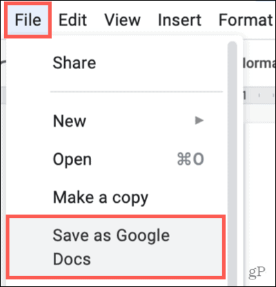 לחץ על קובץ, שמור כ- Google Docs