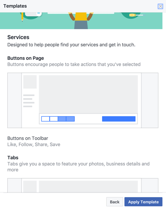 בתבניות עמודי פייסבוק שונות ישנן קריאות קריאה שונות, לחצני סרגל כלים ולשוניות שנבחרו ומסודרות במיוחד לסוג העסק.