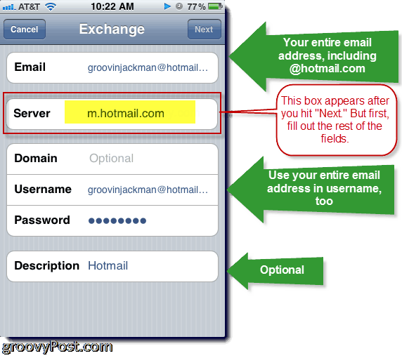 הוספת Hotmail Exchange ActiveSync ל- iPhone