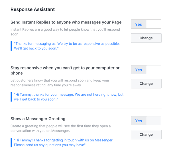 הגדר את כל התגובות quto בהן תרצה להשתמש לדף העסקי שלך בפייסבוק.