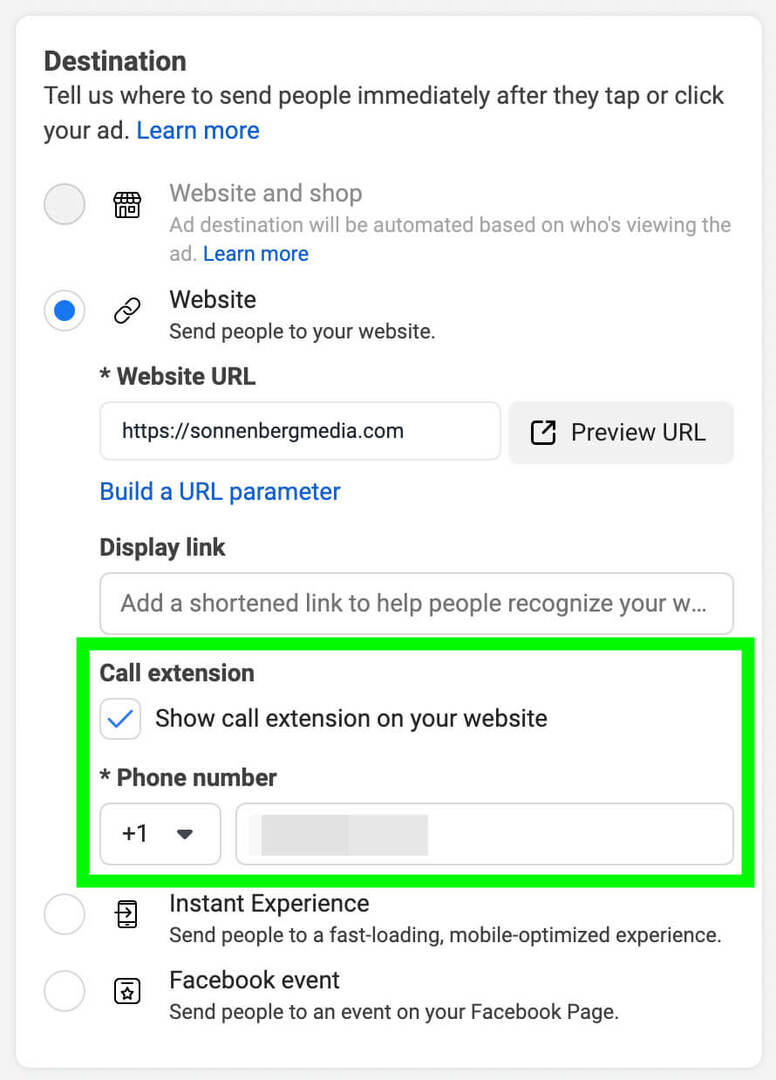 how-to-use-the-meta-call-ads-pre-call-business-feature-ad-level-enter-landing-page-url-check-call-extension-box-enter-business-phone-number- דוגמה-11