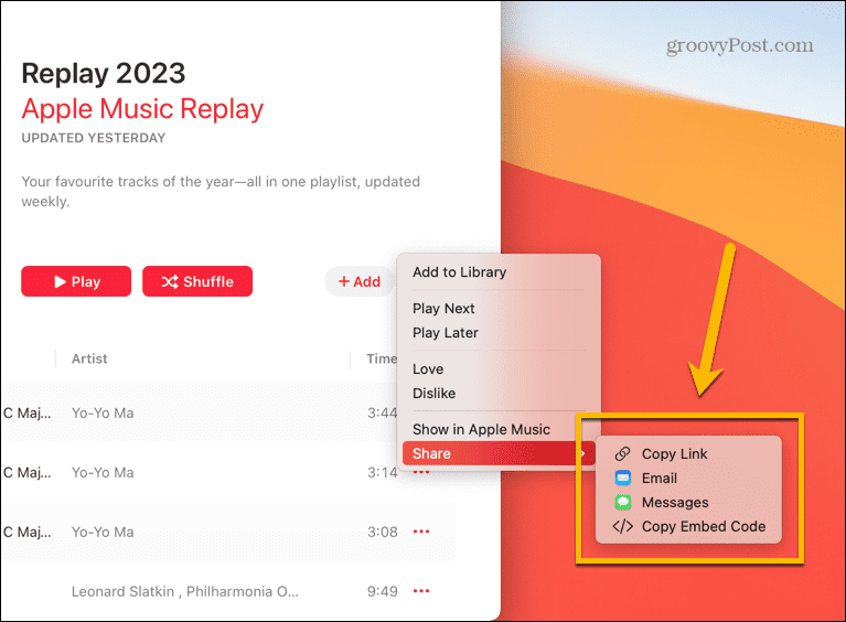 אפשרויות שיתוף Apple Music