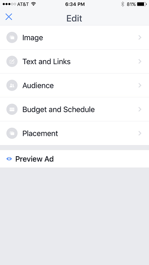 עריכת אפשרויות לקמפיין מודעות באפליקציית מנהל דפי פייסבוק