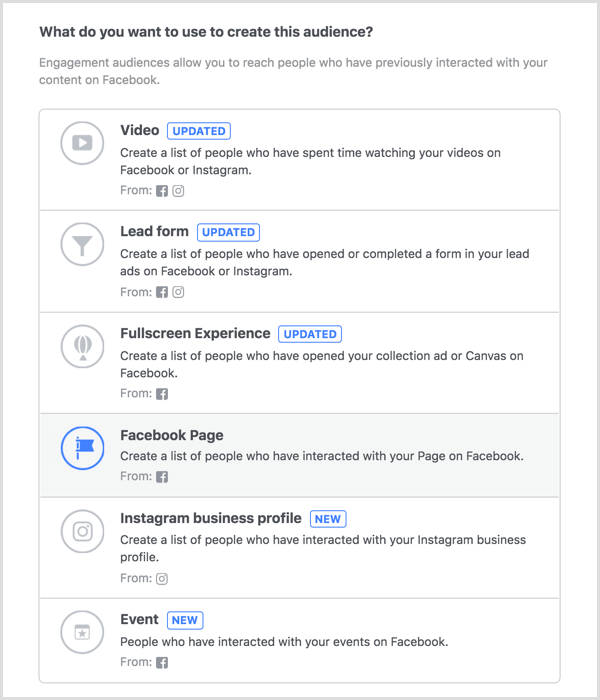 בחר באפשרות דף פייסבוק כדי ליצור קהל מותאם אישית למעורבות