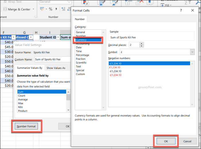 אפשרויות עיצוב מספר תאים לטבלת צירים ב- Excel