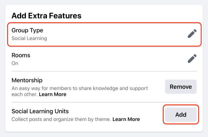 דוגמה להגדרות של יחידת קבוצה בפייסבוק המדגישה את האפשרות סוג הקבוצה