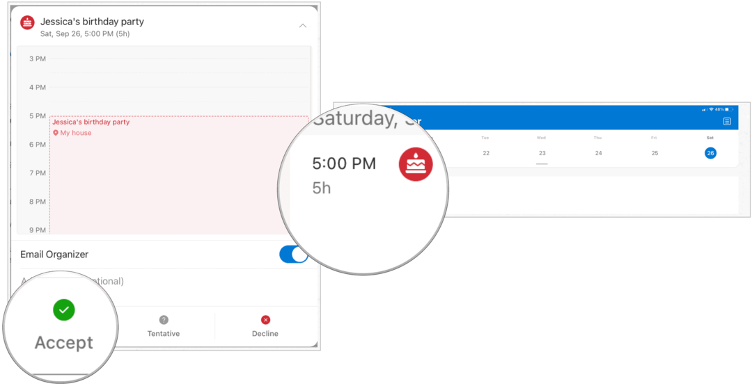 Microsoft Outlook ב- iPad, מקבל הזמנה