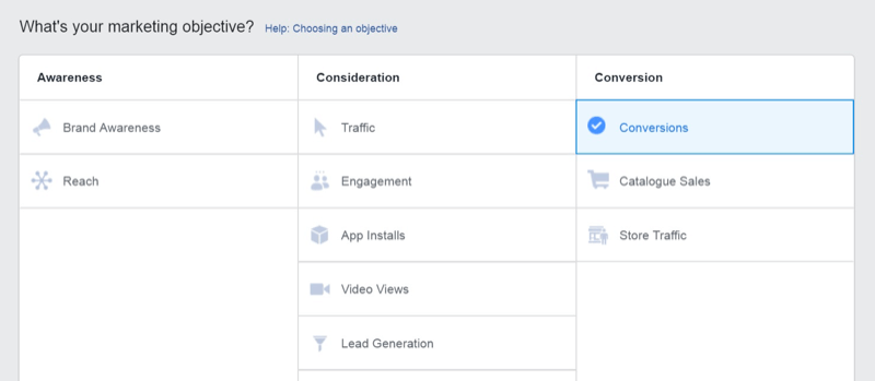 אסטרטגיית שיווק ברשתות חברתיות; צילום מסך של מטרת ההמרות במנהל מודעות פייסבוק.