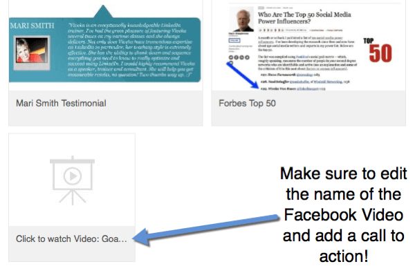 כשאתה מוסיף קישורי וידיאו בפייסבוק לפרופיל שלך, ערוך את הכותרת כך שתכלול קריאה לפעולה לצפייה בסרטון.