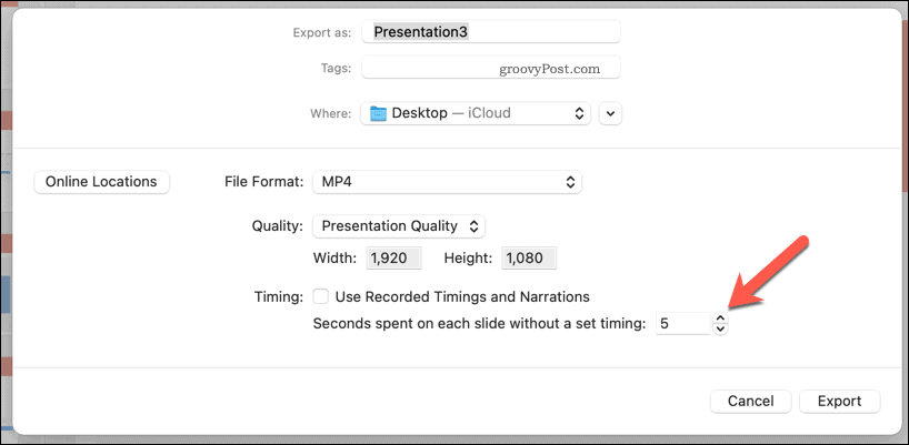 שימוש בתזמונים ידניים לסרטון מיוצא ב- PowerPoint ב- Mac