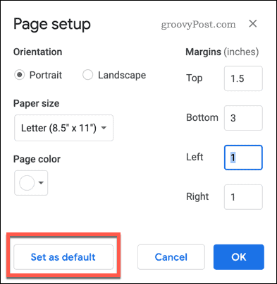 הגדרת הדפים מוגדרת כלחצן ברירת מחדל ב- Google Docs