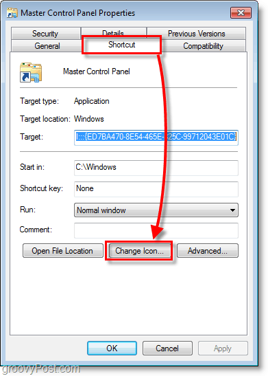 צילום מסך של Windows 7 - כיצד לשנות את הסמל לקיצור דרך