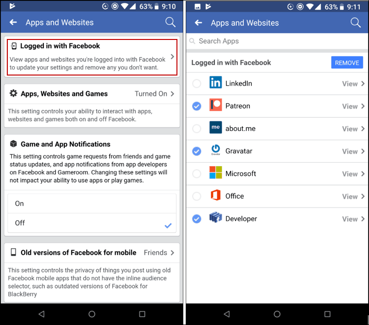 הסר את האפליקציות של פייסבוק לנייד
