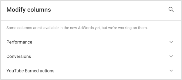 ניתוח AdWords של Google משנה את מסך העמודות