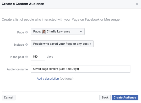 צור קהל מותאם אישית של אנשים ששמרו את עמוד הפייסבוק או את הפוסט שלך.