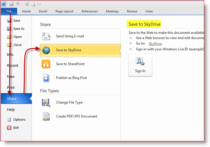 שמור מסמכים באחסון המקוון של SkyDrive