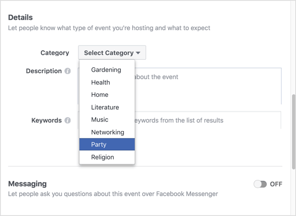 בחר את הקטגוריה המתארת ​​בצורה הטובה ביותר את האירוע הווירטואלי שלך בפייסבוק.