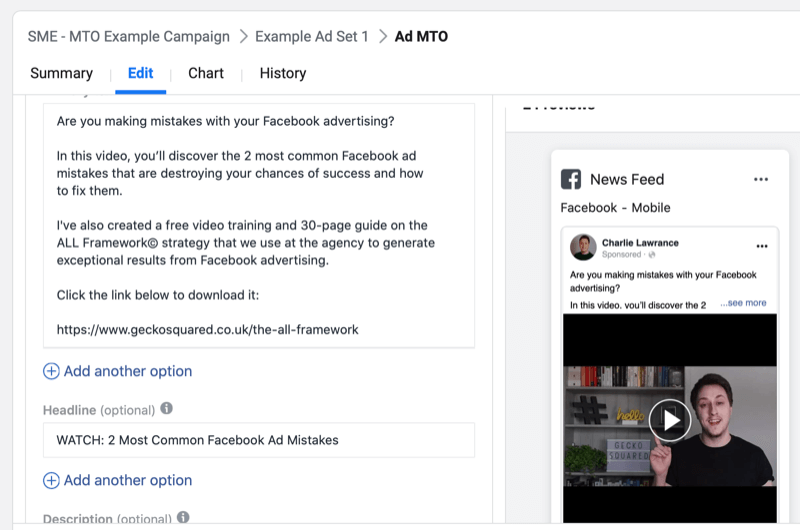 צעד אחר צעד הדרכה ליצירת קמפיין בפייסבוק עם אפשרויות טקסט מרובות