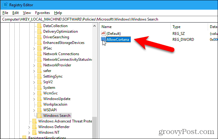 לחץ פעמיים על הערך AllowCortana בעורך הרישום